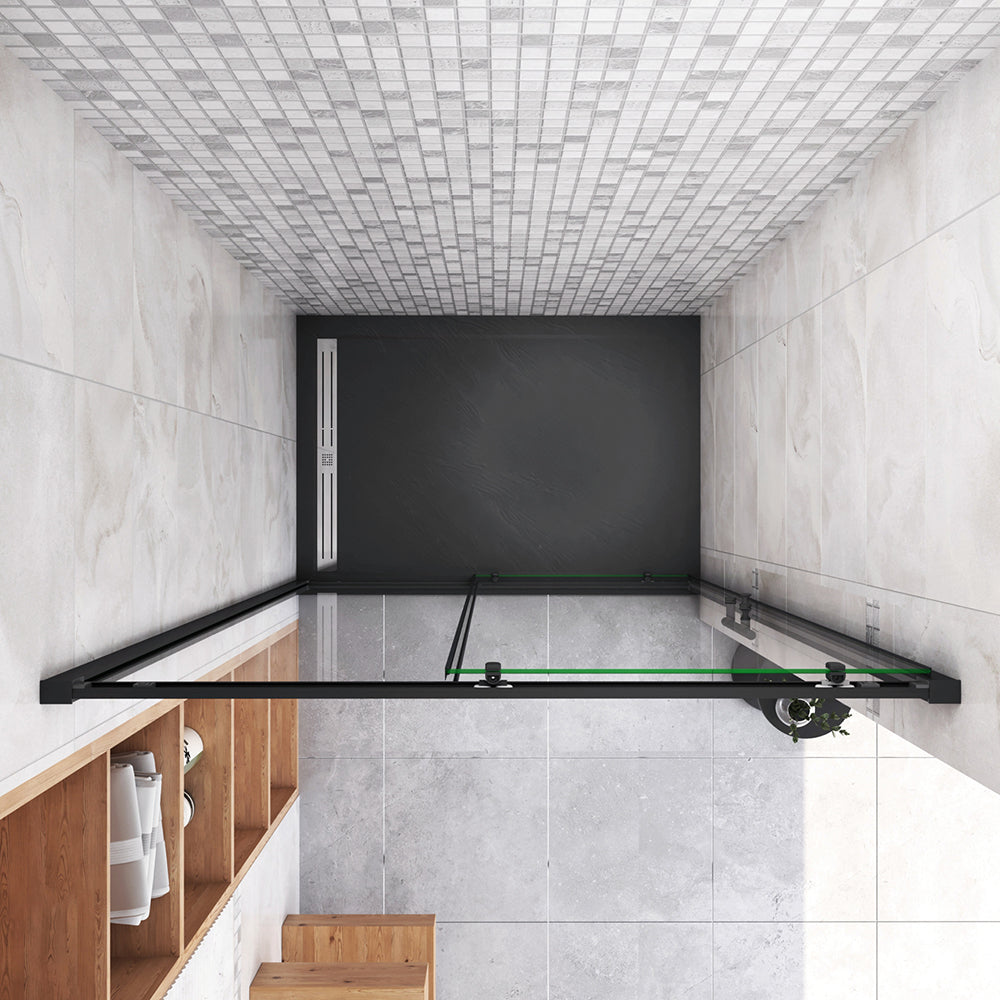 185cm Box Doccia Per Nicchia Porta Scorrevole Ingresso Laterale in Vetro 5mm Temperato Trasparente Profilo Nero Opaco