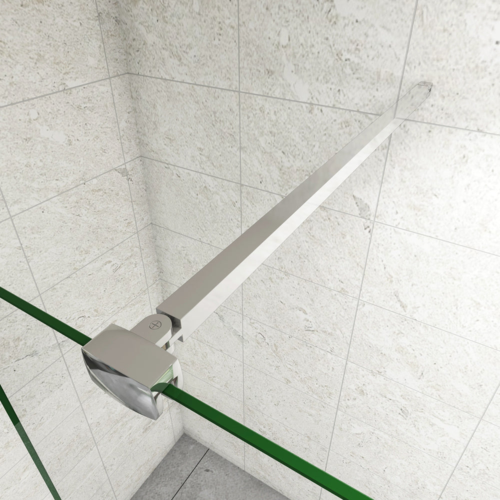 Box Doccia Walk In Parete Fissa in Vetro Temperato da 10mm Trasparente Anticalcare con Doppia Barra Stabilizzatrice da 90cm snodabile e tagliabile