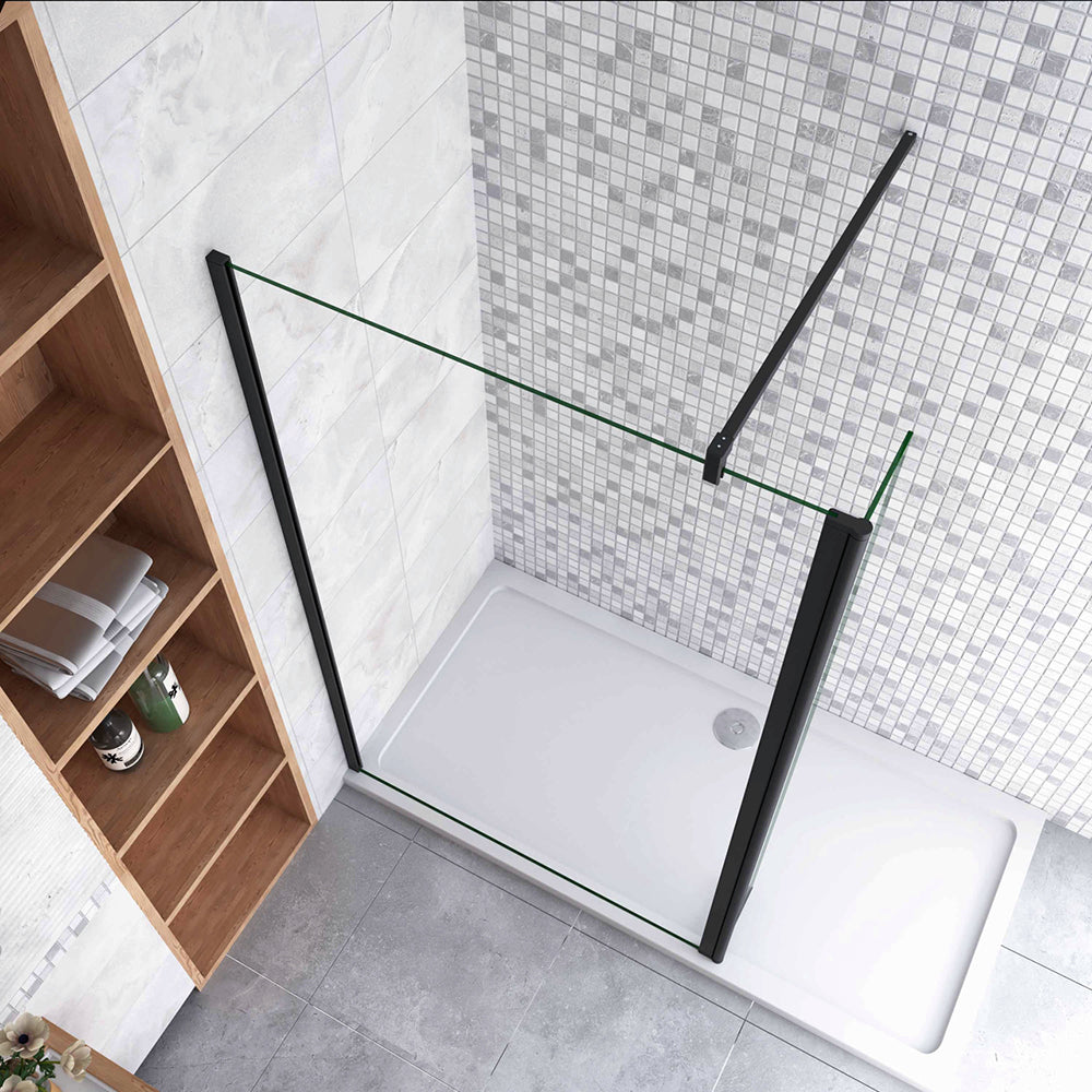 Box Doccia Walk in Due Pareti una Fissa+una Mobile Vetro 8mm Temperato Trasparente Anticalcare Barra Stabilizzatrice Nero Opaco