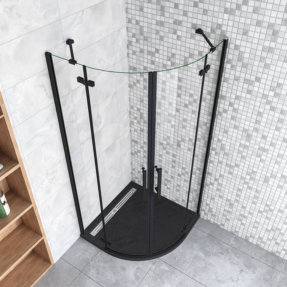 195cm Box Doccia Semicircolare Doppia Porta Battente Vetro 6mm Temperato Trasparente Easyclean, Barra Stabilizzatrice e Telai in Nero Opaco