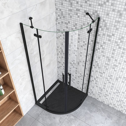 195cm Box Doccia Semicircolare Doppia Porta Battente Vetro 6mm Temperato Trasparente Easyclean, Barra Stabilizzatrice e Telai in Nero Opaco