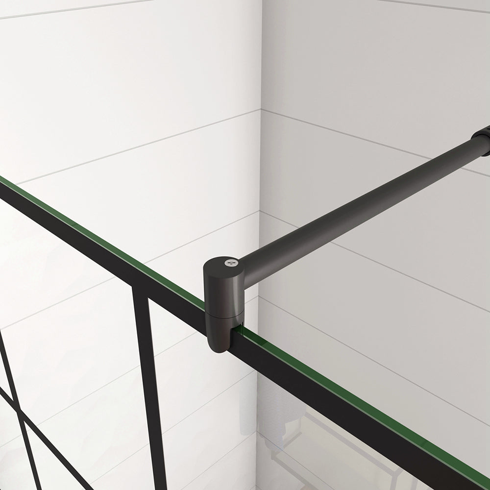 Aica 200 cm Doccia Walk In Parete Fissa in Vetro Temperato 8 mm Anticalcare Serigrafato Nero con Riquadri Barra Stabilizzatrice Telaio Nero Opaco