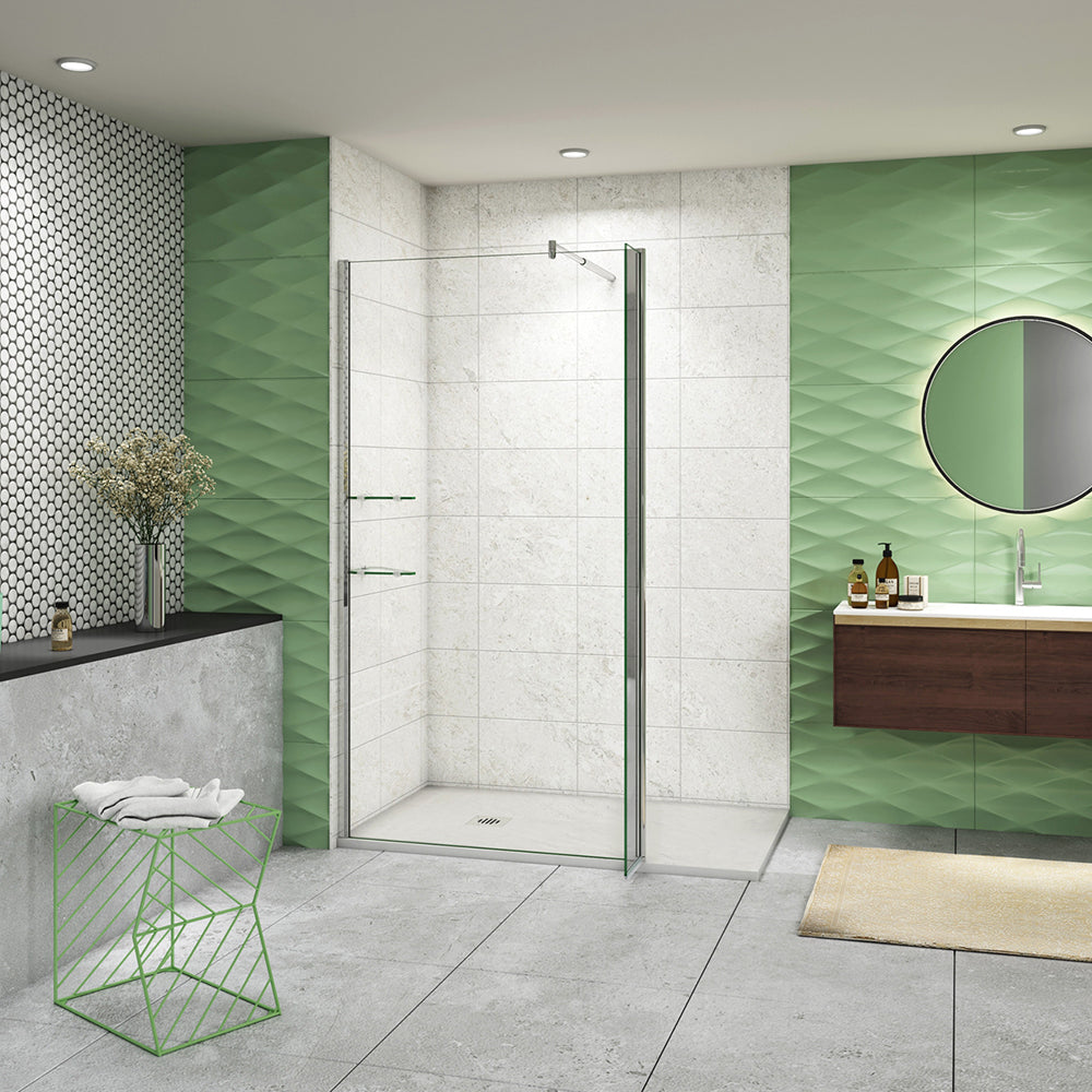 Box Doccia Walk In Parete Fissa 80-120cm + Paretina Mobile 30/40 cm Vetro Temperato 8 mm Anticalcare 2 Ripiani Mensole Barra Stabilizzatrice 70-120cm