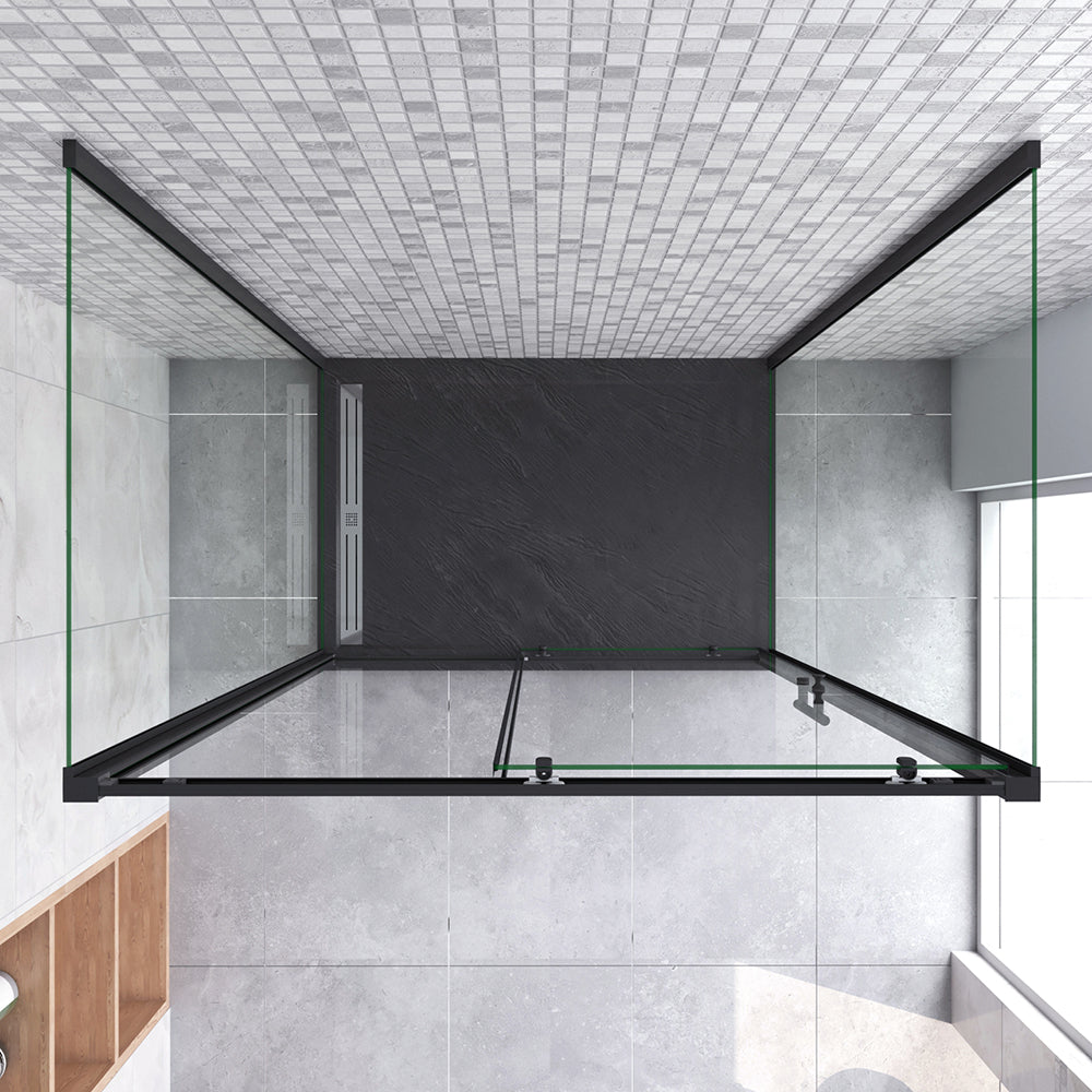 185cm Box Doccia a Tre Lati Porta Scorrevole con Doppia Parete Fissa Vetro Temperato 5 mm Trasparente Profilo Nero Opaco