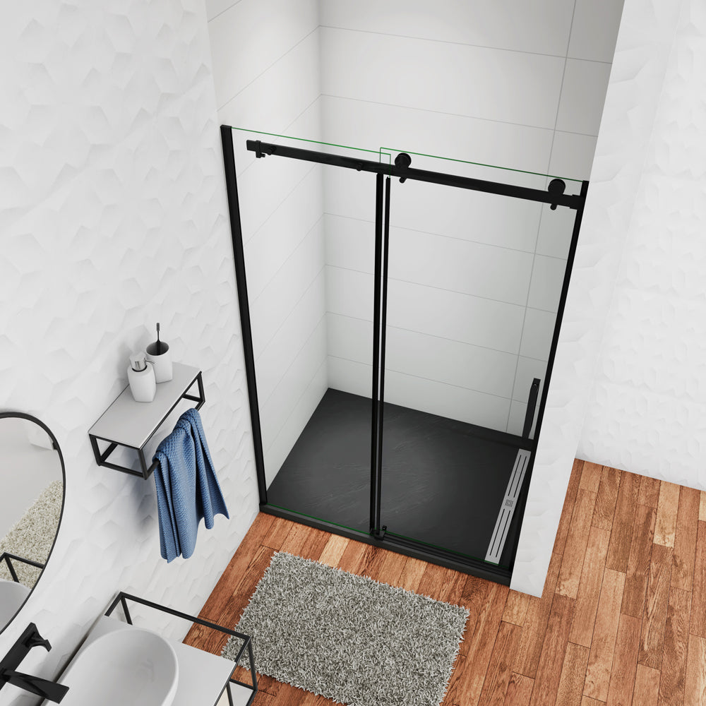 Aica 200 cm Box Doccia Per Nicchia Porta Scorrevole Ingresso Laterale In Vetro 8 mm Temperato Trasparente Anticalcare Telaio Nero Opaco