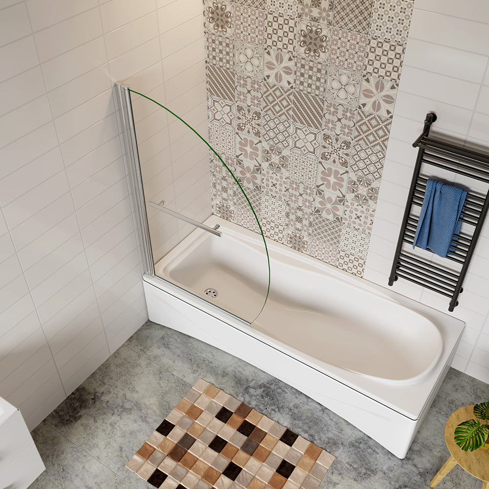 100x150cm Parete Vasca Doccia Sopravasca Singolo Pannello Forma Vela Girevole in Vetro Temperato 8mm Trasparente Anticalcare Telaio Cromato Lucido