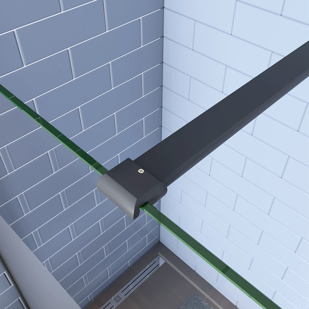 Aica Doccia Walk In 200cm Parete Fissa in Vetro Anti-frantumi Anticalcare da 8 mm Striscia Opaca Centrale Barra Stabilizzatrice Nero Opaco