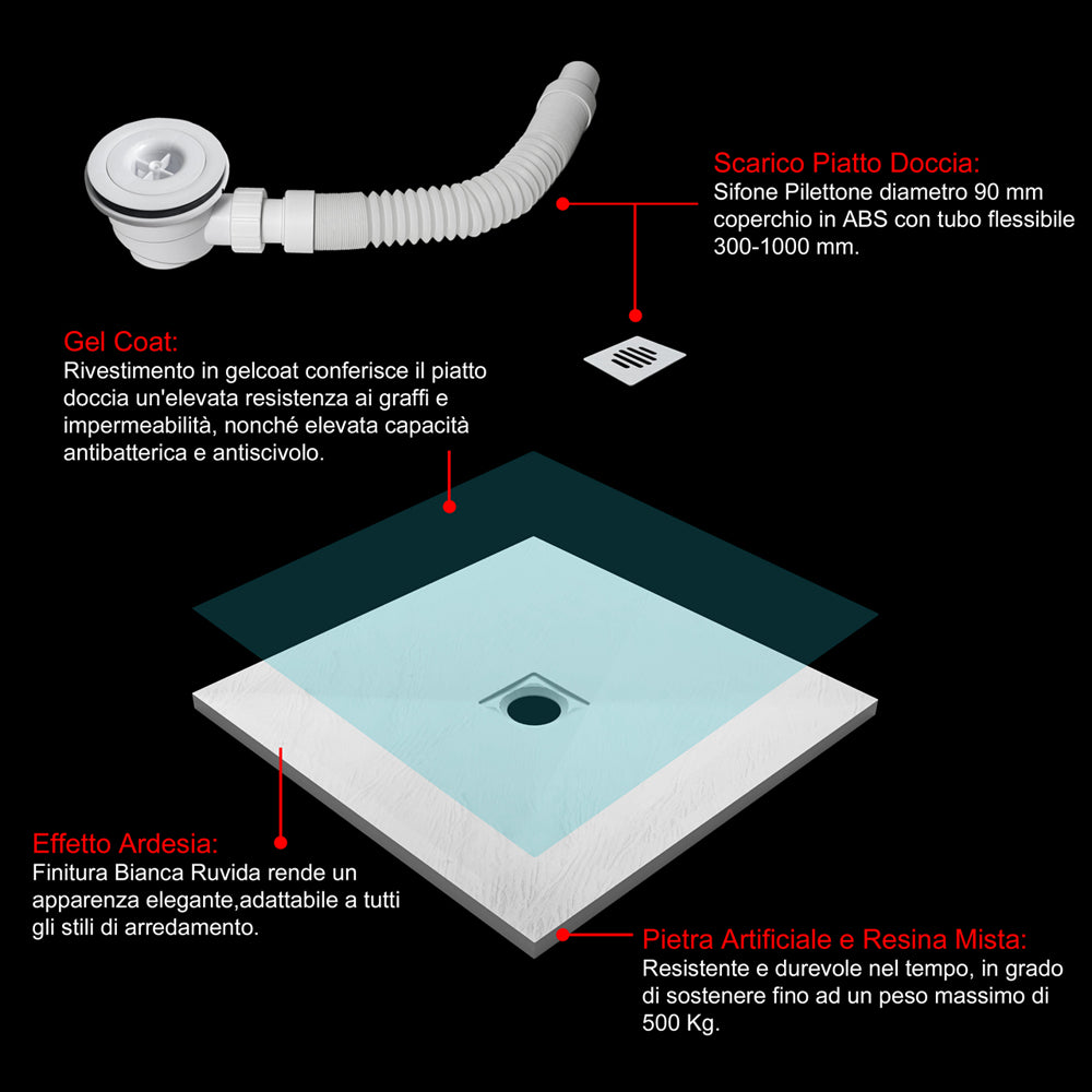 Piatto Doccia Bianco in Marmo Resina Mista Effetto Ardesia Ruvido Piletta e Tubo inclusi Spessore di 3cm Ultraslim