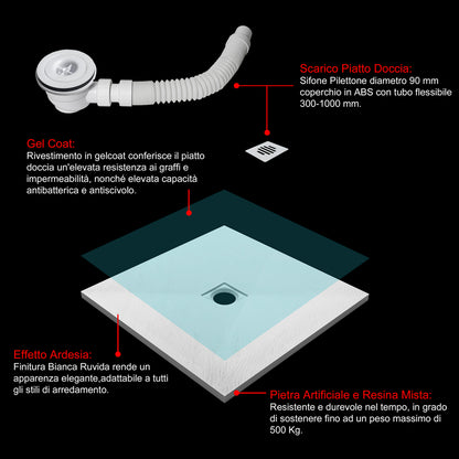 Piatto Doccia Bianco in Marmo Resina Mista Effetto Ardesia Ruvido Piletta e Tubo inclusi Spessore di 3cm Ultraslim