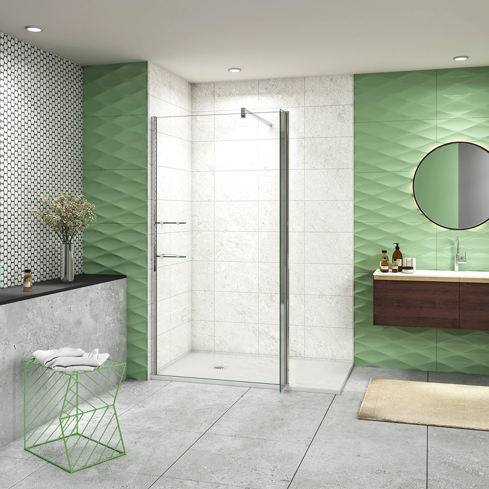 Walk In Parete Doccia 80-120cm + Paretina Mobile 30/40cm Vetro Temperato 8mm Anticalcare 2 Ripiani Mensole Barra Stabilizzatrice 90cm tagliabile