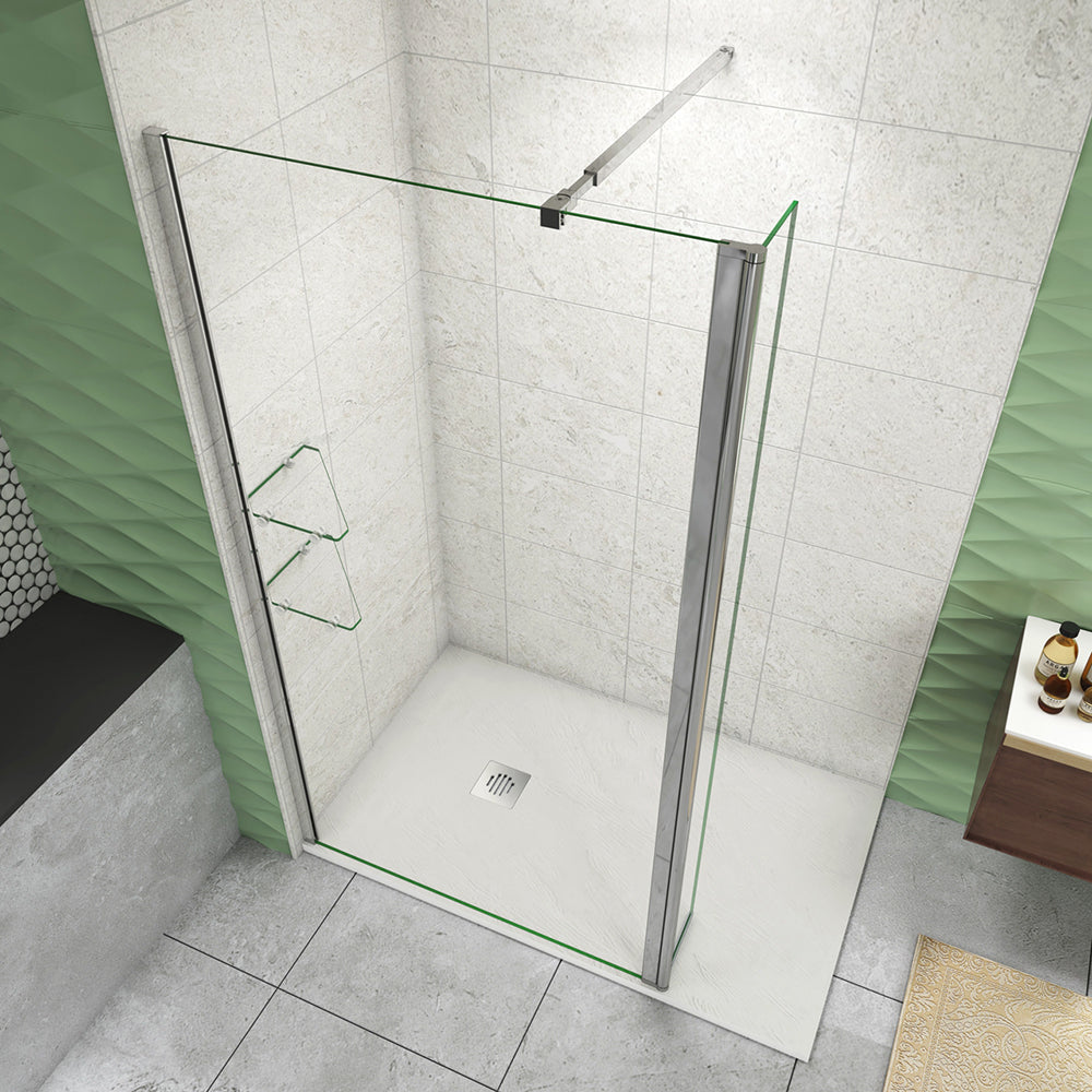 Box Doccia Walk In Parete Fissa 80-120cm + Paretina Mobile 30/40 cm Vetro Temperato 8 mm Anticalcare 2 Ripiani Mensole Barra Stabilizzatrice 73-120cm