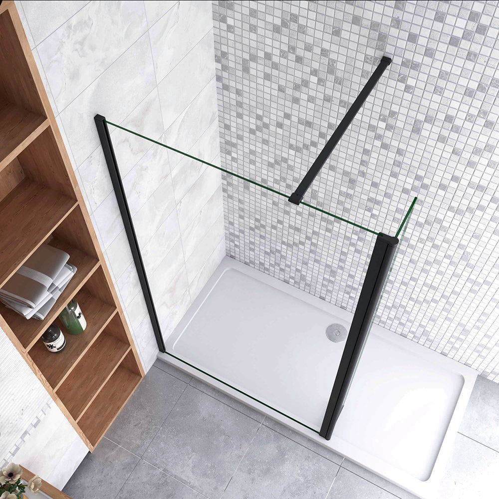 Box Doccia Walk in Due Pareti una Fissa+una Mobile Vetro 8mm Temperato Trasparente Anticalcare Barra Stabilizzatrice Nero Opaco