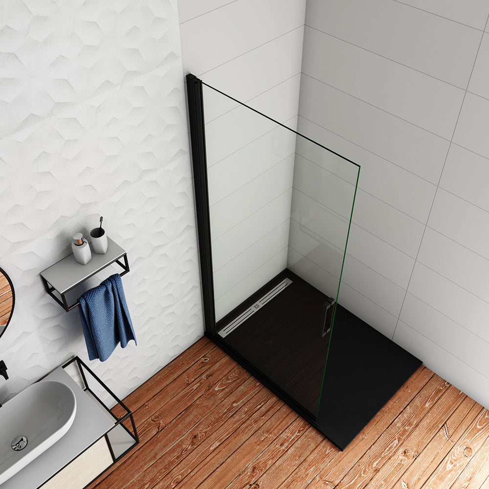 WALK IN Parete Doccia Movibile Battente Verso Interno e Esterno in Vetro 8 mm Trasparente Temperato Anticalcare Telaio Nero Opaco