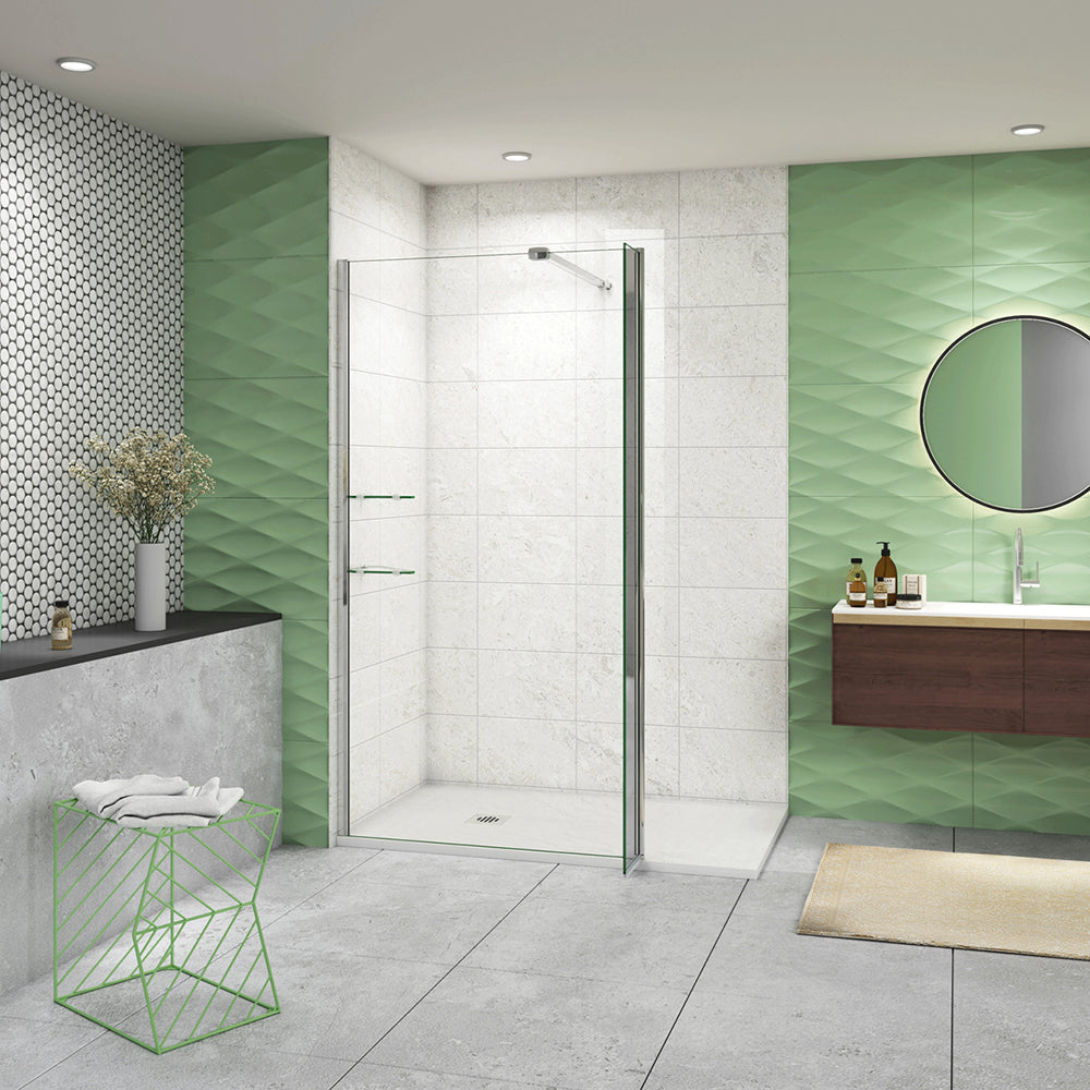 Walk In Parete Doccia + Paretina Mobile 30/40 cm in Vetro Temperato 8mm Anticalcare con 2 Ripiani Mensole Barra Stabilizzatrice 90cm Snodabile