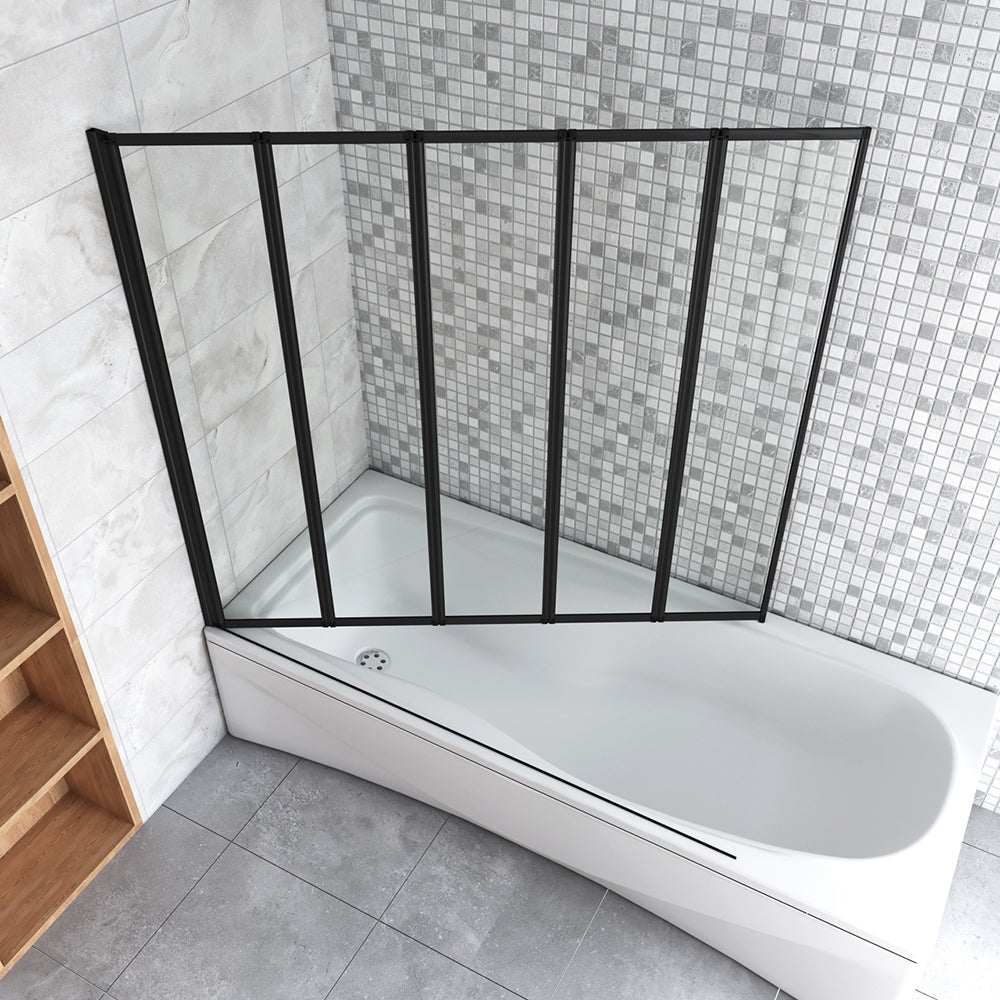 120x140cm Sopravasca Parete Doccia per Vasca 5 Antine Pieghevoli a Libro Vetro Temperato Trasparente Da 4mm Profilo Nero Opaco