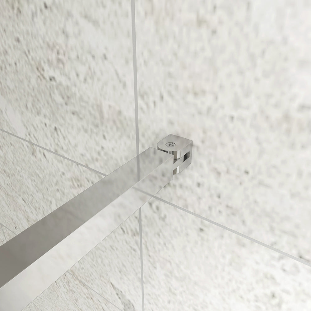 Box Doccia Walk In Parete Fissa in Vetro Temperato da 10mm Trasparente Anticalcare con Doppia Barra Stabilizzatrice da 90cm snodabile e tagliabile