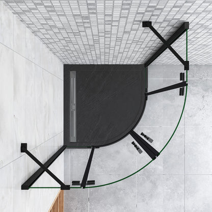 195cm Box Doccia Semicircolare Doppia Porta Battente Vetro 6mm Temperato Trasparente Easyclean, Barra Stabilizzatrice e Telai in Nero Opaco