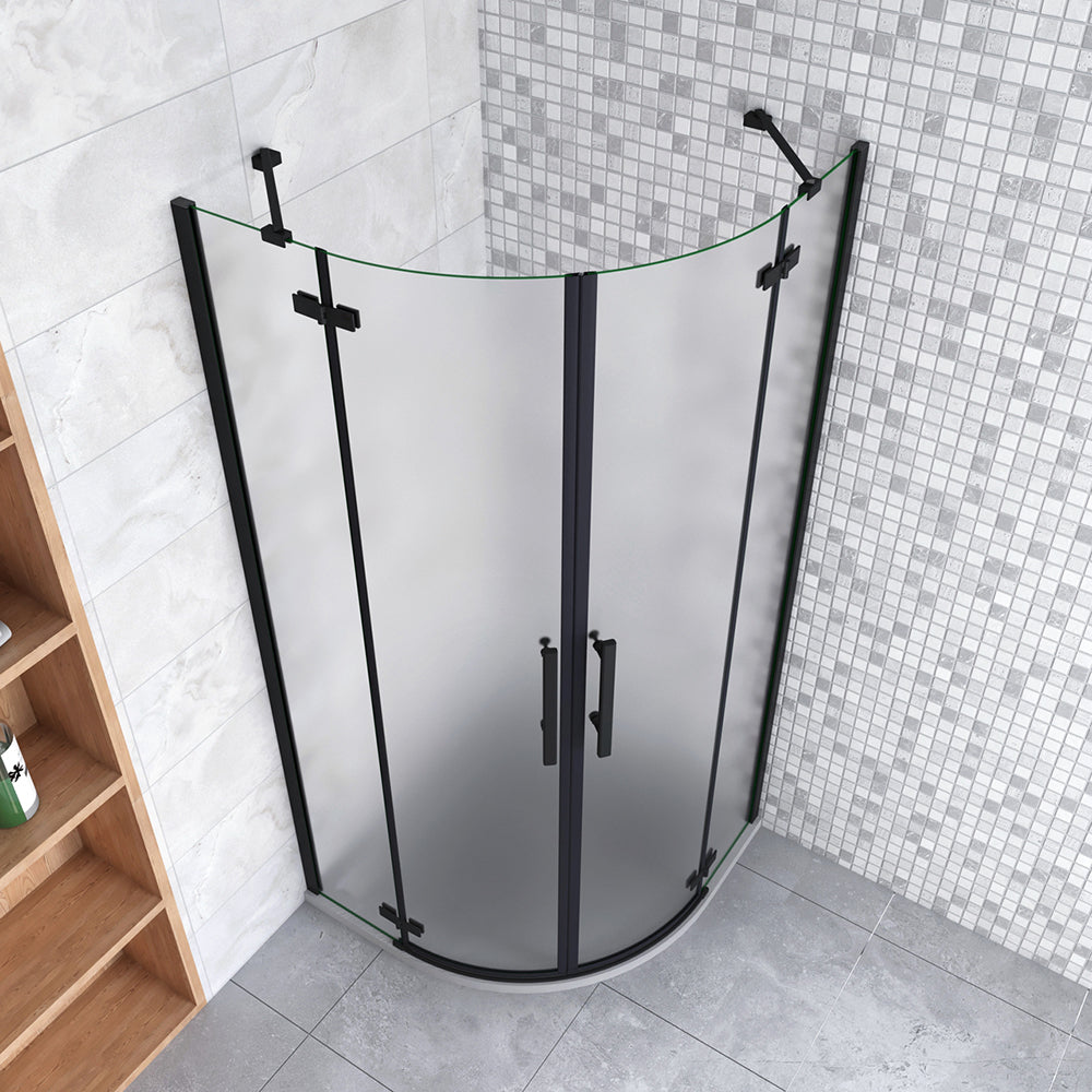 195cm Box Doccia Semicircolare Apertura Battente Vetro 6mm Temperato Satinato Anticalcare con 2 Barre Stabilizzatrici Telai in Nero Opaco