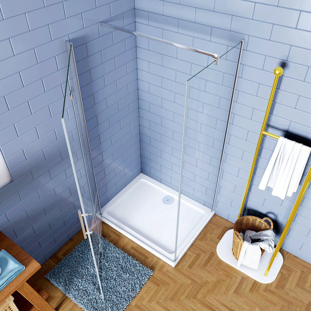 Box Doccia Angolare Porta Battente Pieghevole con Parete Fissa in Vetro Temperato 6mm Anticalcare Barra Stabilizzatrice da 140 cm Cromo Lucido