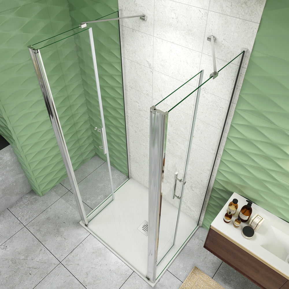 185cm Box Doccia a Tre Lati Porta Battente Saloon Doppia Parete Fissa Vetro da 6mm Temperato Anticalcare Barra Stabilizzatrice 45cm Cromo Lucido