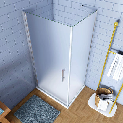 195cm Box Doccia Angolare Porta Battente con Parete Fissa con Barra Stabilizzatrice in Vetro Temperato Satinato Opaco 6mm Anticalcare Cromo Lucido
