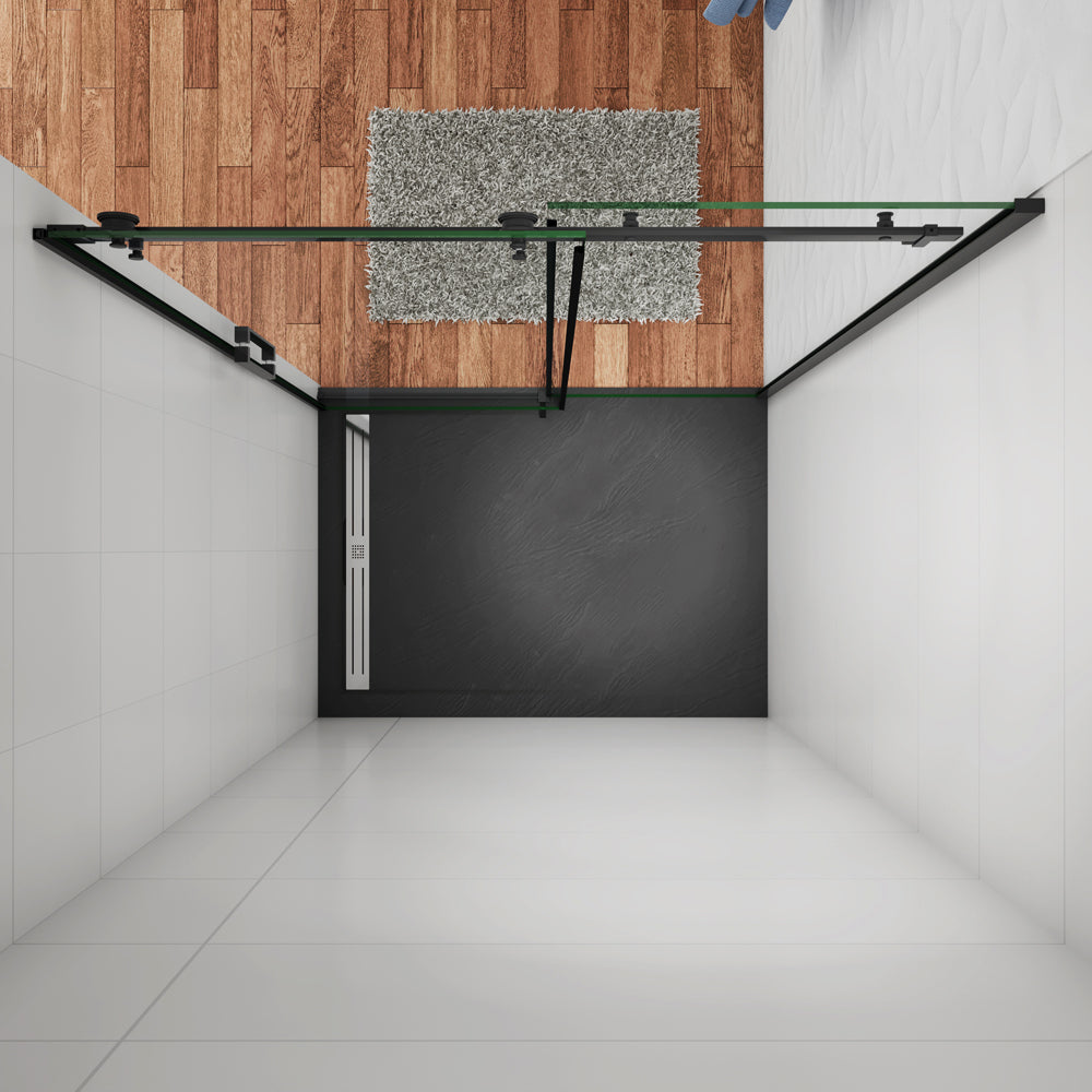 Aica 200 cm Box Doccia Per Nicchia Porta Scorrevole Ingresso Laterale In Vetro 8 mm Temperato Trasparente Anticalcare Telaio Nero Opaco