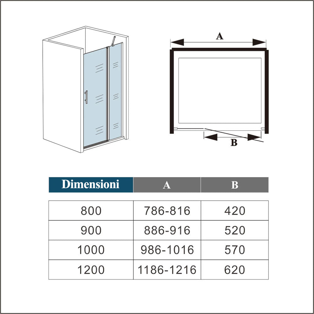Aica 195 cm Porta Doccia Per Nicchia Apertura Battente Più Paretina Fissa Barra Stabilizzatrice In Vetro 6 mm Temperato Trasparente Anticalcare