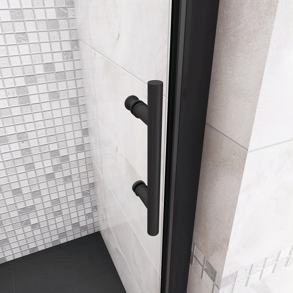 185cm Box Doccia Angolare Porta Scorrevole con Parete Fissa Vetro Temperato 5mm Trasparente Profilo Nero Opaco