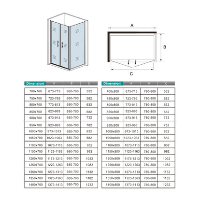 195cm Box Doccia Angolare Porta Battente Saloon Parete Fissa Vetro da 6mm Temperato Anticalcare Barra Stabilizzatrice 45cm Cromo Lucido