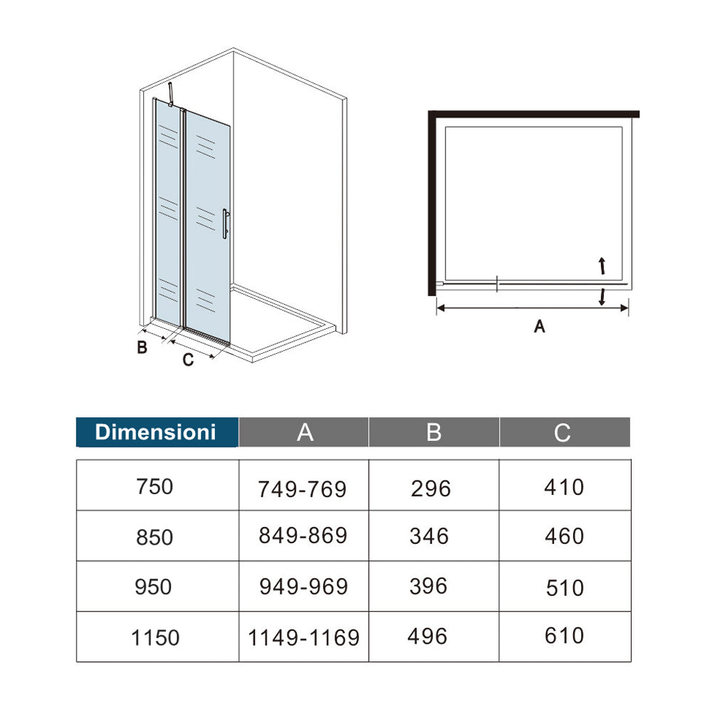 Parete Doccia Paretina Fissa + Paretina Mobile in Vetro Anticalcare Barra Stabilizzatrice e Telaio Cromato Lucido