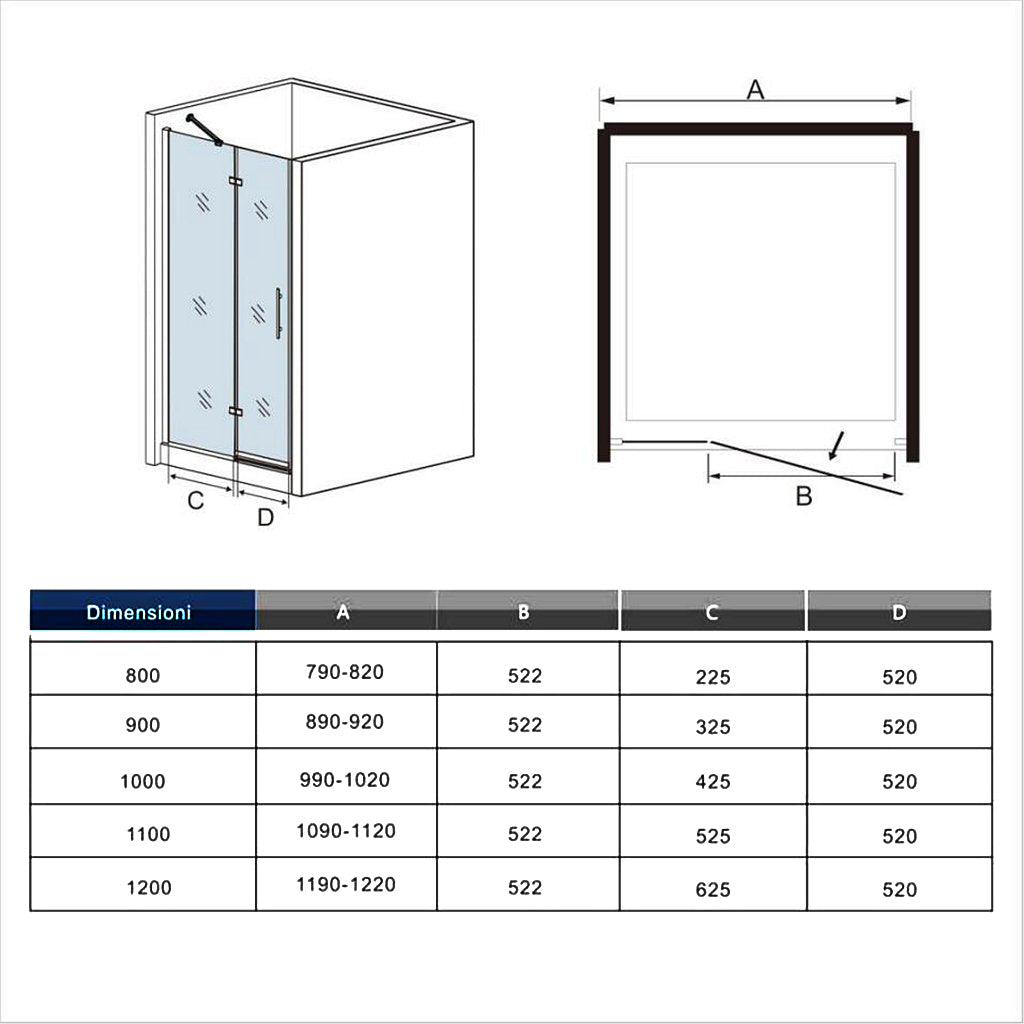 Aica 190 cm Box Doccia Per Nicchia Porta Battente In Vetro Da 6 mm Temperato Trasparente Anticalcare Un'Anta Con Barra Stabilizzatrice