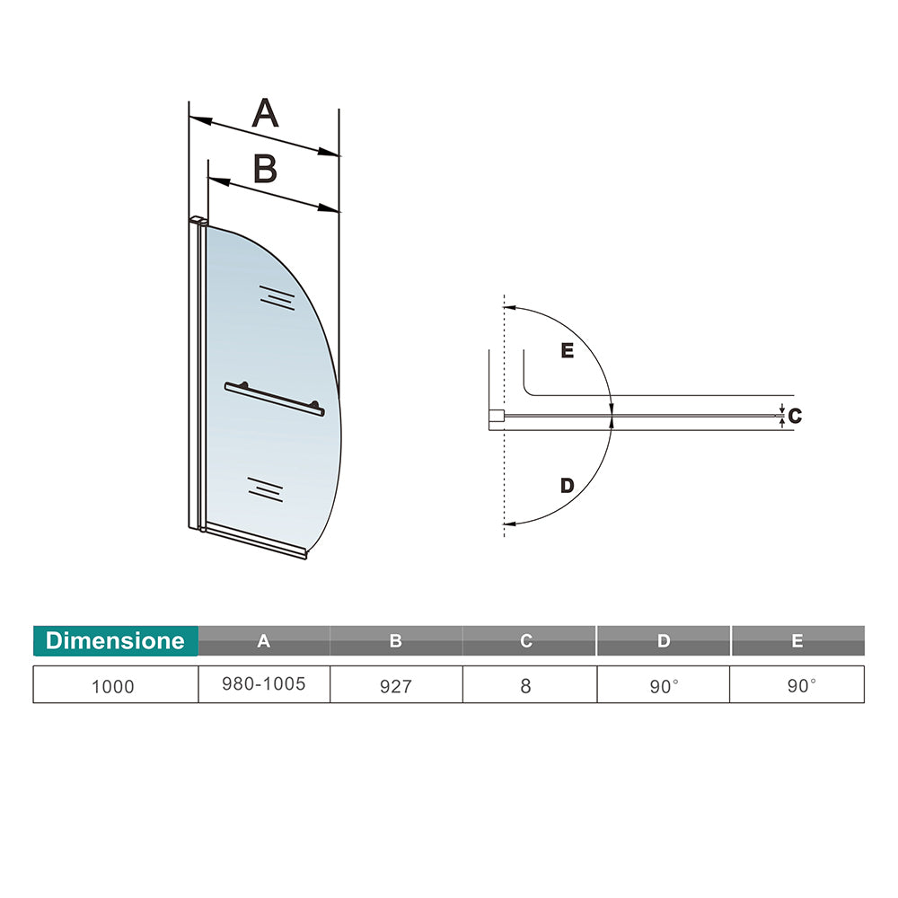 100x150cm Parete Vasca Doccia Sopravasca Singolo Pannello Forma Vela Girevole in Vetro Temperato 8mm Trasparente Anticalcare Telaio Cromato Lucido