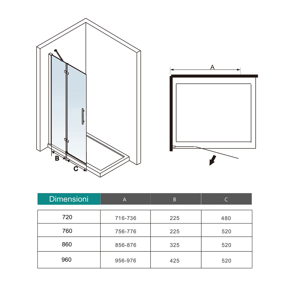 WALK IN Parete Doccia Paretina Fissa Paretina Movibile in Vetro 6mm Trasparente Temperato Anticalcare Barra Stabilizzatrice e Telaio Cromato Lucido