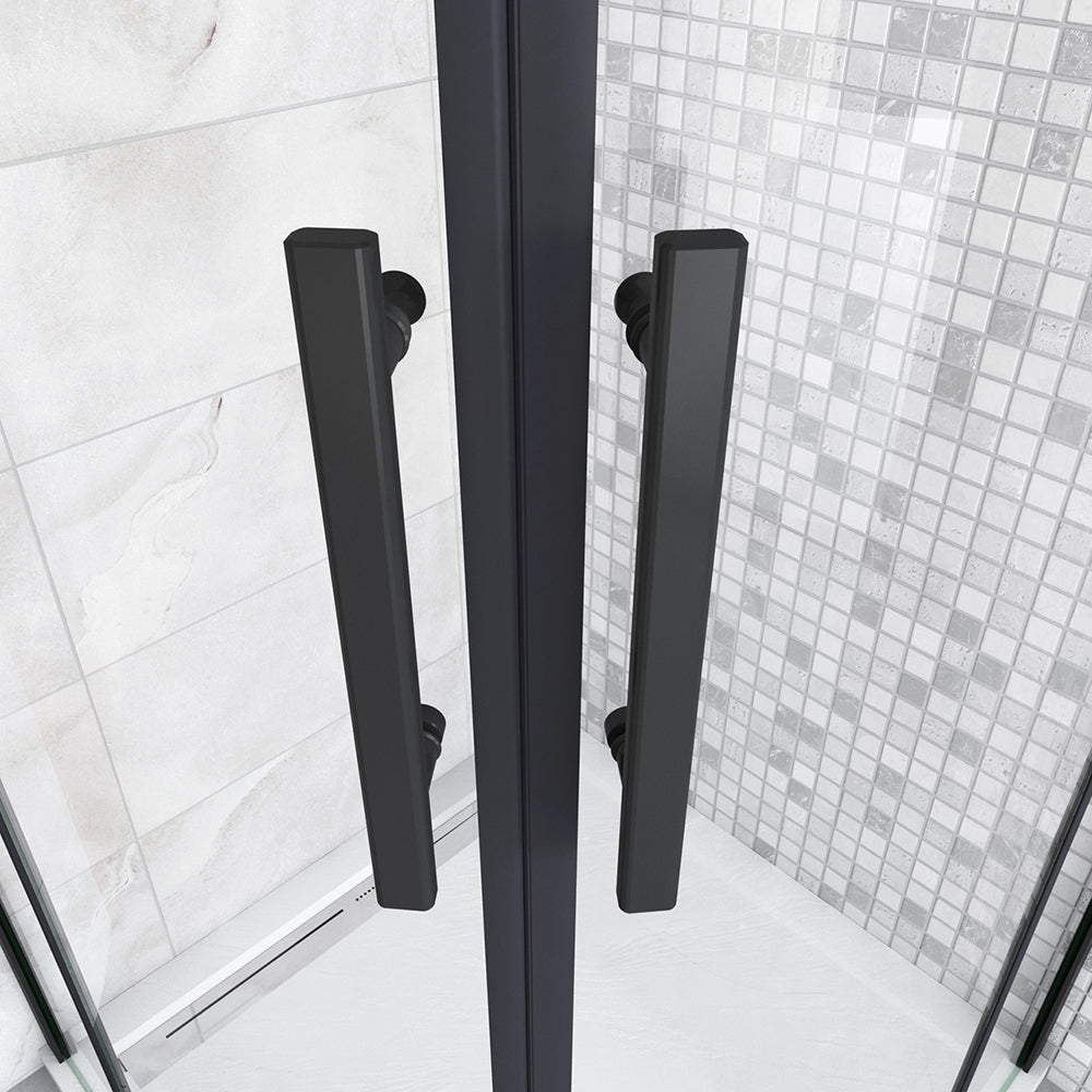 195cm Box Doccia Semicircolare Doppia Porta Battente Vetro 6mm Temperato Trasparente Easyclean, Barra Stabilizzatrice e Telai in Nero Opaco