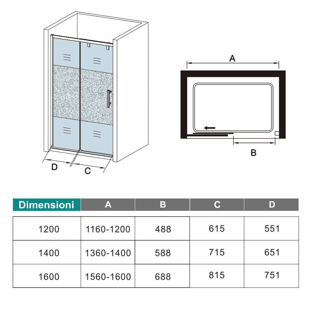 120x190cm Box Doccia per Nicchia Porta Scorrevole in Vetro Temperato 6mm Anticalcare Fascia Satinata Centrale Profilo Cromo Lucido
