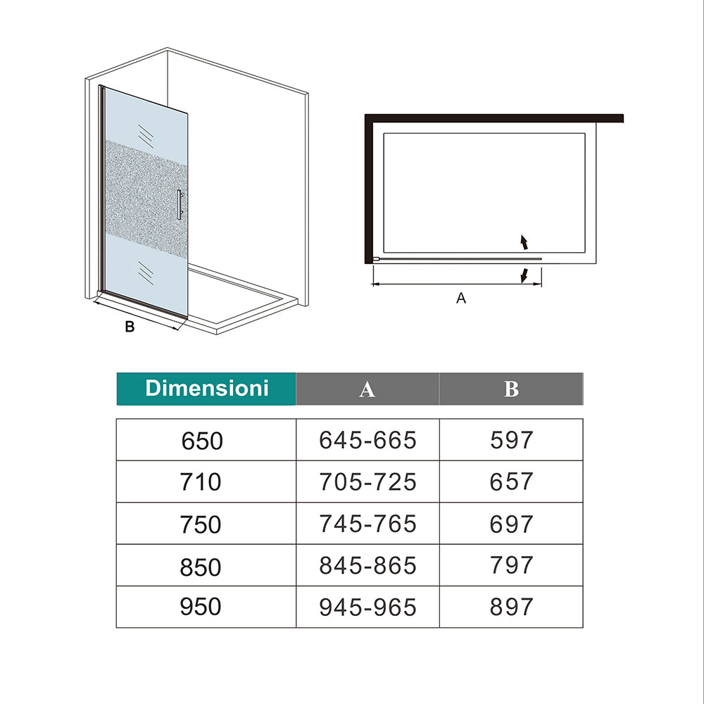 WALK IN Parete Doccia Movibile Girevole Verso Interno e Esterno in Vetro 6mm Temperato Anticalcare Fascia Satinata Opaca Telaio Cromato Lucido