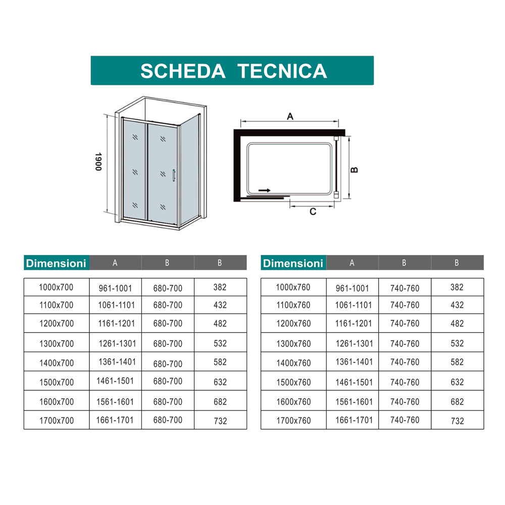190cm Box Doccia Angolare Porta Scorrevole con Parete Fissa in Vetro Temperato Serigrafato Opaco Graduale Profili Cromato Lucido