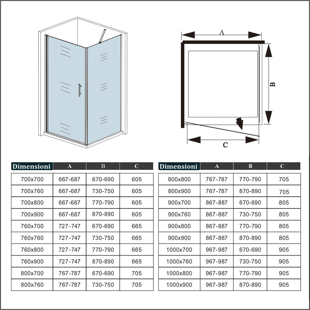 195cm Box Doccia Angolare Porta Battente con Parete Fissa con Barra Stabilizzatrice in Vetro Temperato Satinato Opaco 6mm Anticalcare Cromo Lucido