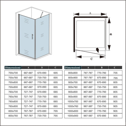 195cm Box Doccia Angolare Porta Battente con Parete Fissa con Barra Stabilizzatrice in Vetro Temperato Satinato Opaco 6mm Anticalcare Cromo Lucido