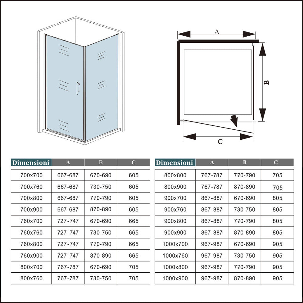 Aica 195cm Box Doccia Angolare Porta Battente con Parete Fissa in Vetro Temperato Satinato Opaco 6mm Anticalcare con Barra Stabilizzatrice 90cm