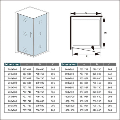 Aica 195cm Box Doccia Angolare Porta Battente con Parete Fissa in Vetro Temperato Satinato Opaco 6mm Anticalcare con Barra Stabilizzatrice 90cm