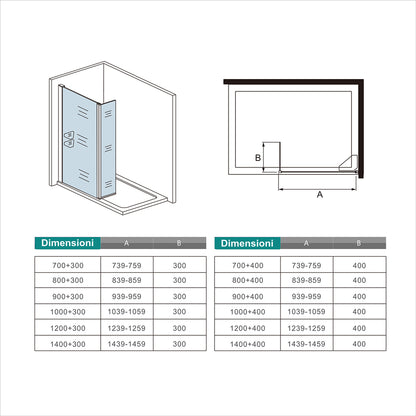 Box Doccia Walk In Parete Fissa 80-120cm Paretina Mobile 30/40 cm Vetro Temperato 8 mm Anticalcare 2 Ripiani Mensole Barra Stabilizzatrice 70-120cm