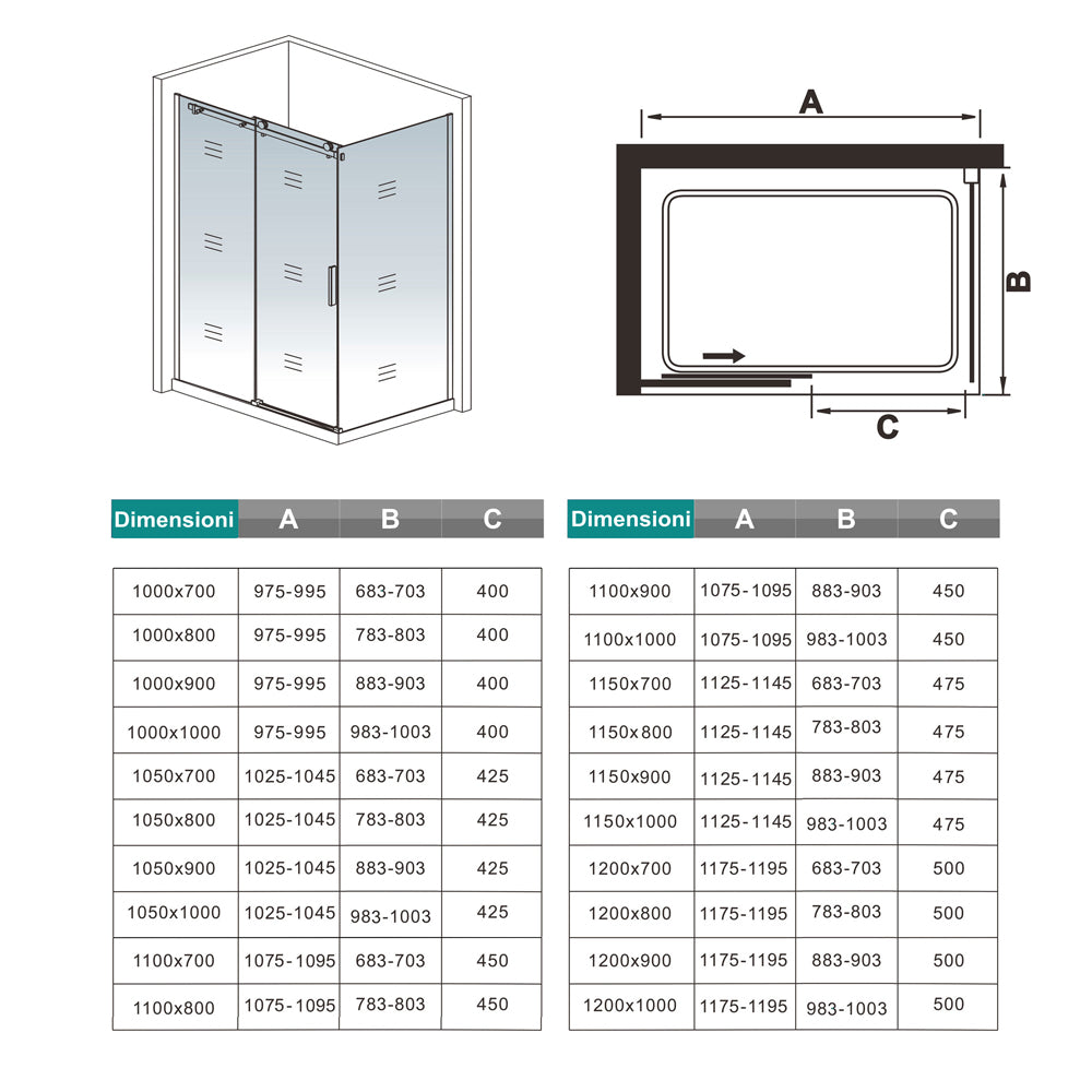 200cm Box Doccia Angolare Porta Scorrevole con Parete Fissa Vetro da 8mm Temperato Trasparente Anticalcare Telaio Nero Opaco