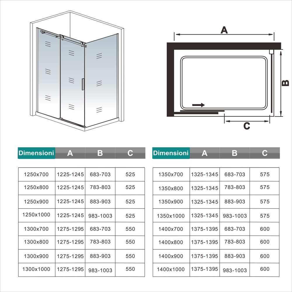200cm Box Doccia Angolare Porta Scorrevole con Parete Fissa Vetro da 8mm Temperato Trasparente Anticalcare Telaio Nero Opaco