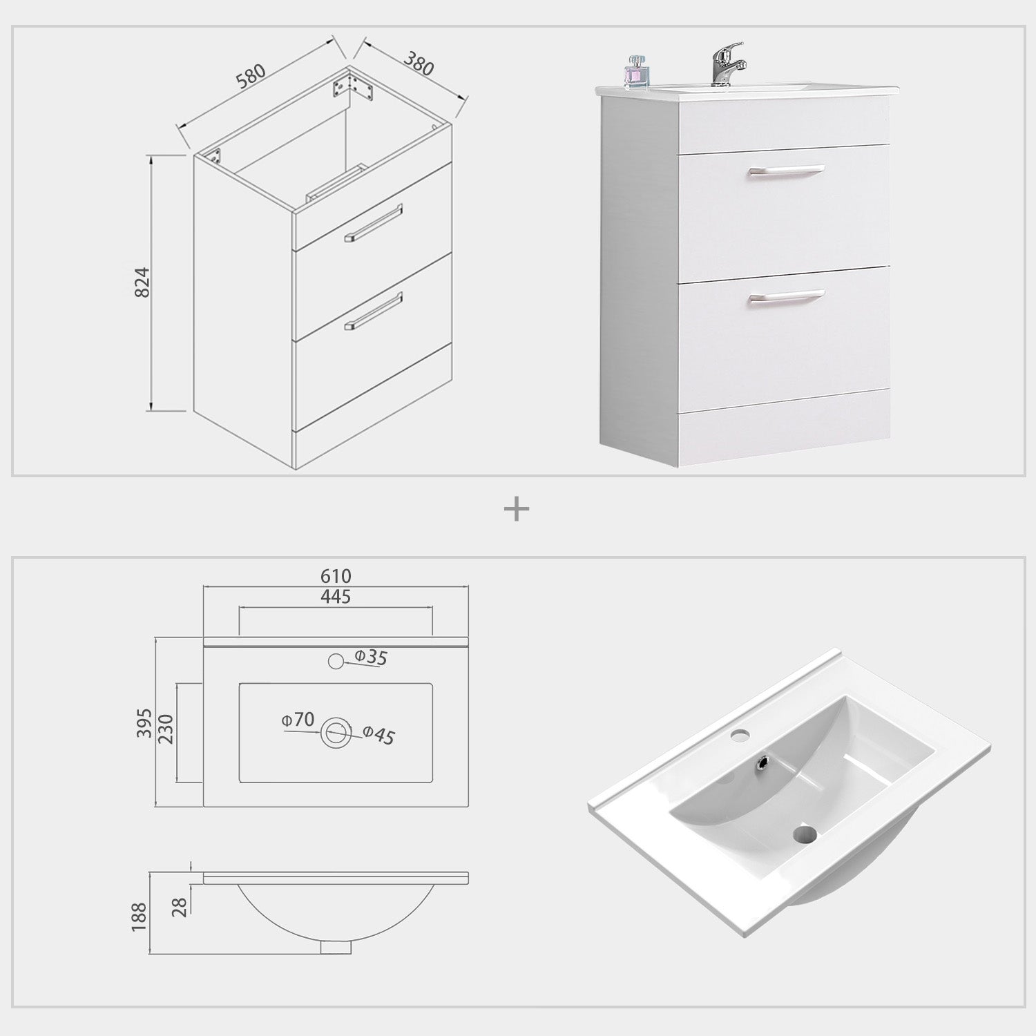 Aica Mobile Bagno 60cm Salvaspazi , con lavabo in Ceramica e 2 cassetti