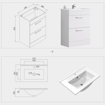 Aica Mobile Bagno 60cm Salvaspazi , con lavabo in Ceramica e 2 cassetti