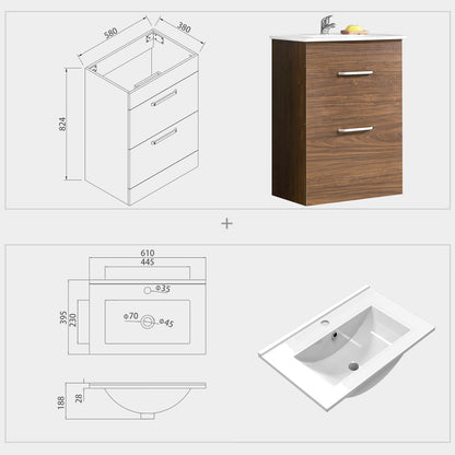 Aica Mobile Bagno 60cm Salvaspazi , con lavabo in Ceramica e 2 cassetti