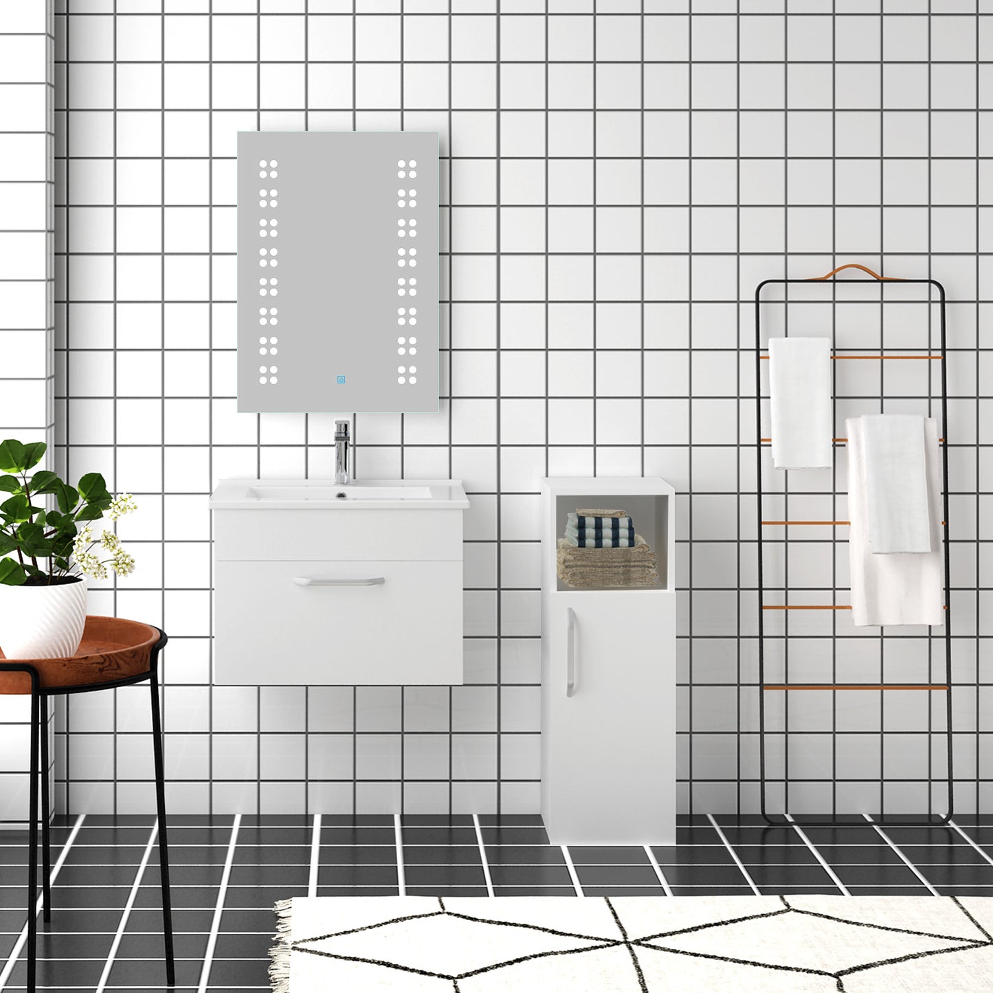 Aica Mobile Bagno 60 cm salvaspazi e sospeso , con lavabo in Ceramica e a cassetti