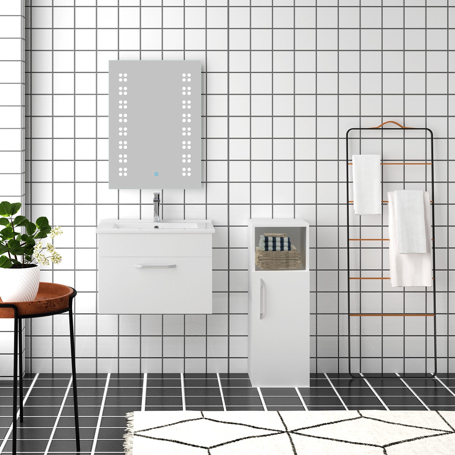 Mobile da bagno bianco sospeso da 85 cm e dal pavimento al soffitto