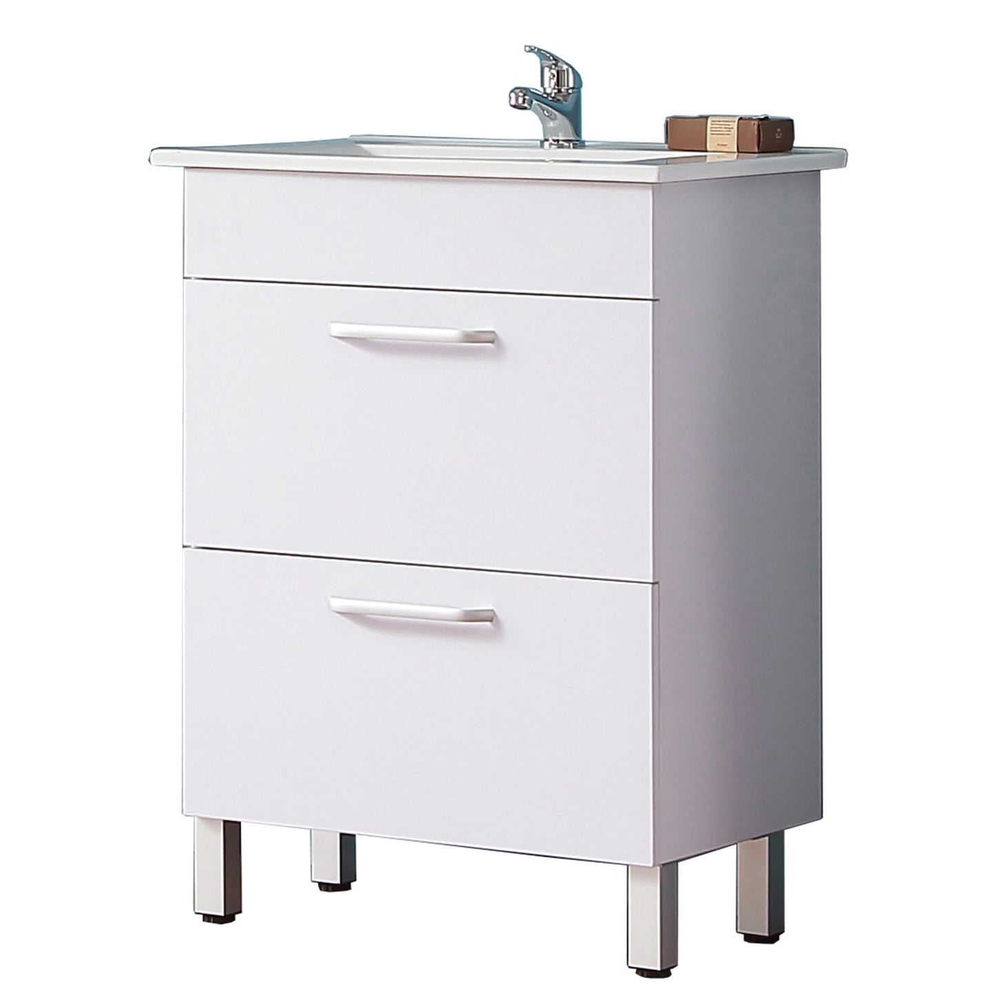 Mobile bagno Aica 60cm salva spazio, con lavabo in ceramica e 2 cassetti, con piedini in metallo Bianca